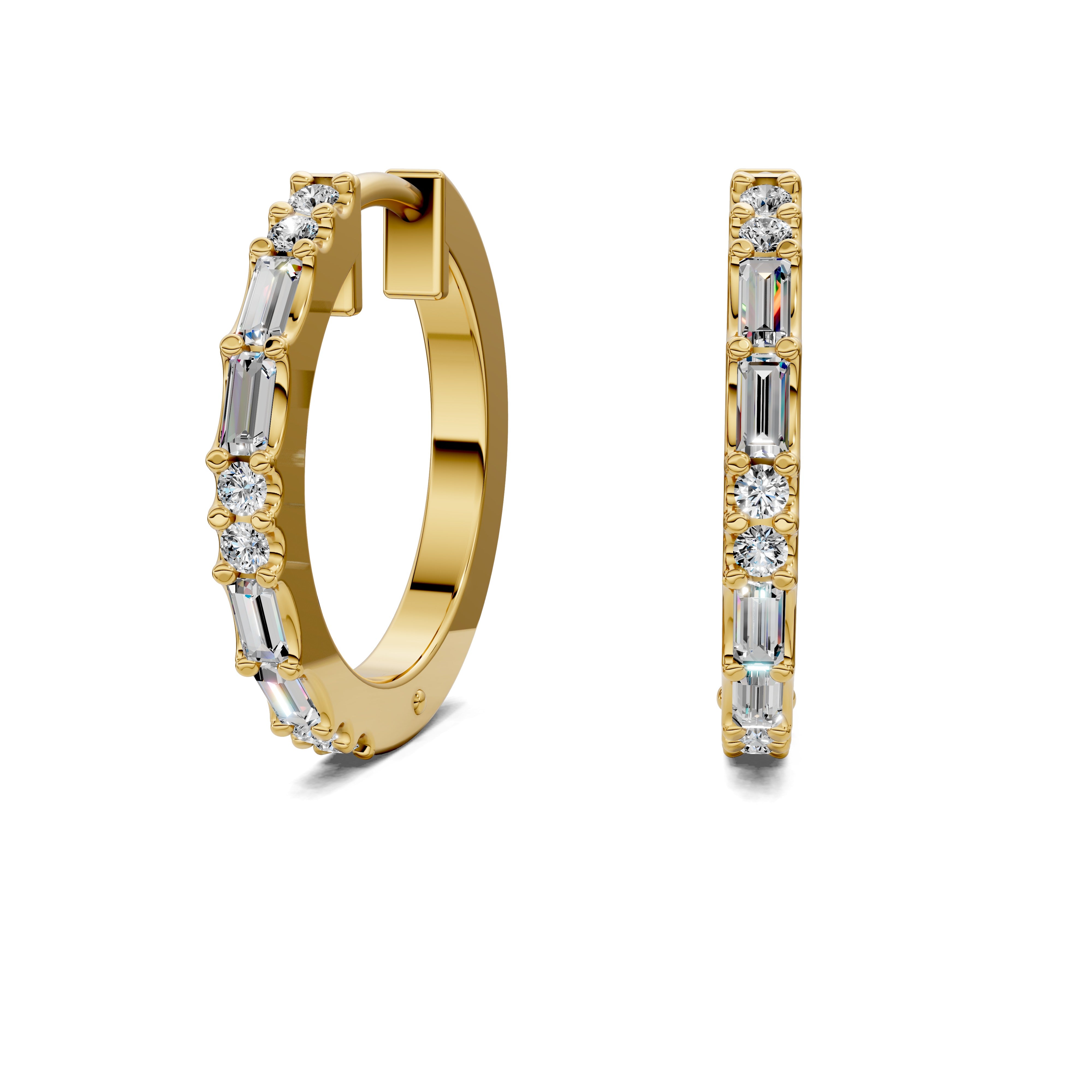 Freesia Baguette & Round Diamond Mid-Size Hoop Earrings