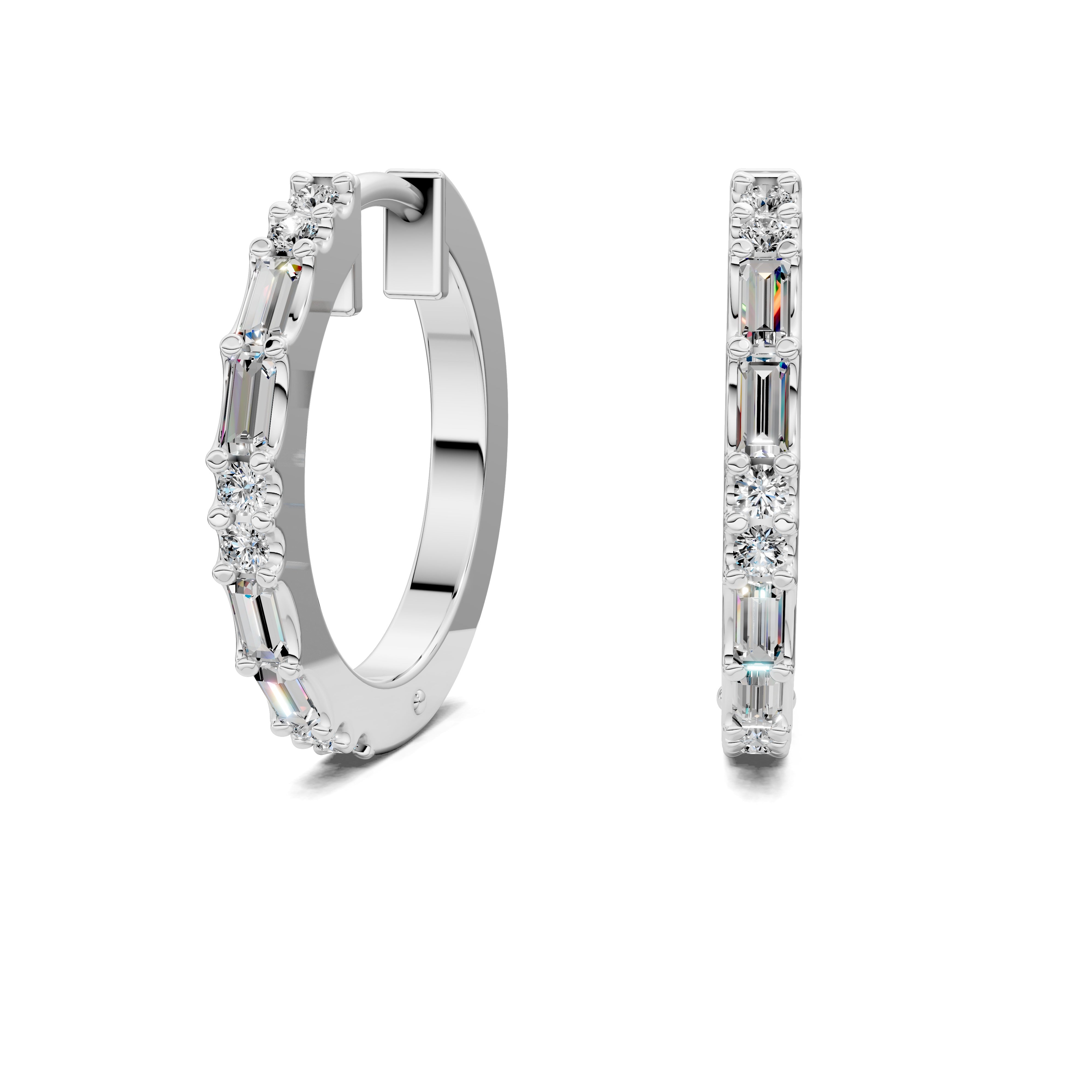 Freesia Baguette & Round Diamond Mid-Size Hoop Earrings
